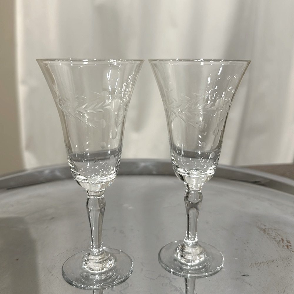 Vintage Etched Crystal Cordial Glasses Set of Two 5”